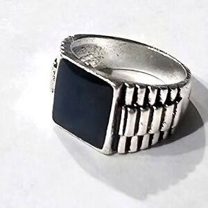EBONY BLACK BEZEL SET QUALITY ENGRAVED TITANIUM SILVER NEW SIZE 7  RING